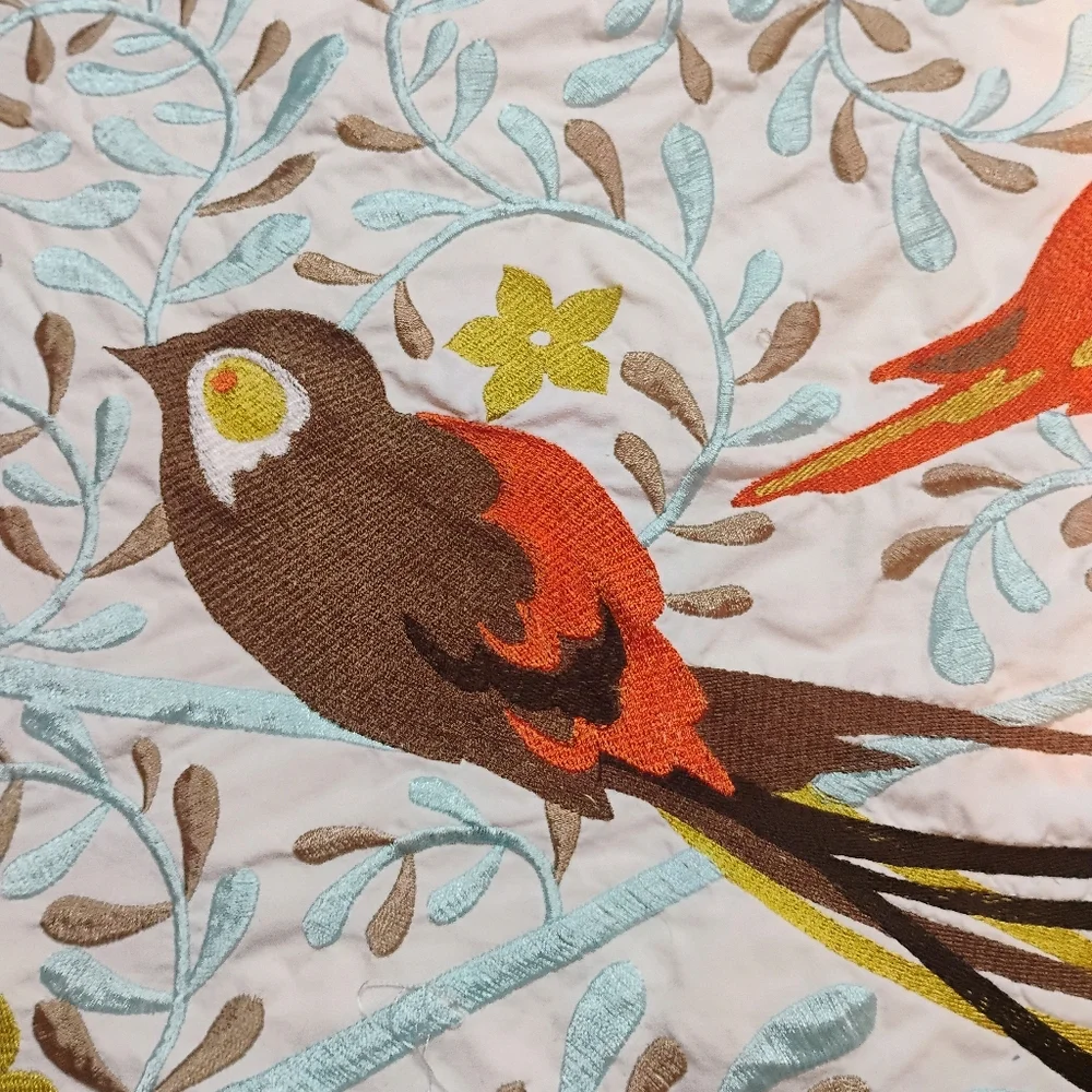 Vtg Embroidered Bird Floral Pillow Cover Case‎ Cottagecore 18x13 Zipper C